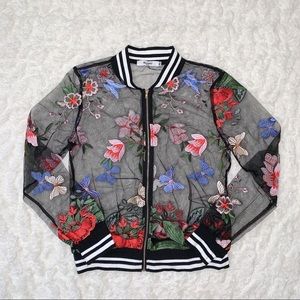 Black Mesh Floral Embroidered Striped Jacket